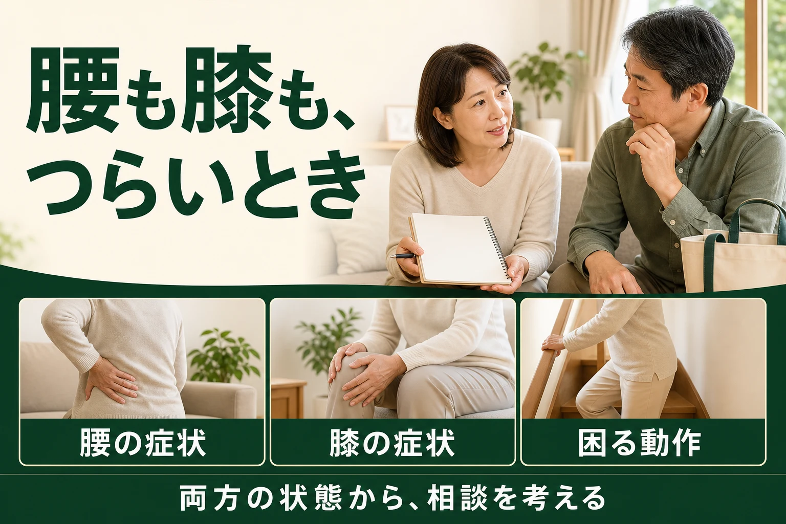 腰も膝もつらいとき。両方の状態から相談を考える。腰の症状、膝の症状、困る動作を整理。