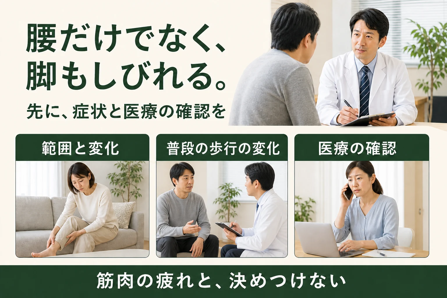 腰だけでなく脚もしびれる。範囲と変化、力の入り方、医療の確認。