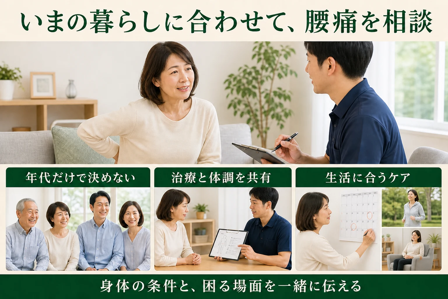 いまの暮らしに合わせて腰痛を相談。年代だけで決めない、治療と体調を共有、生活に合うケア。