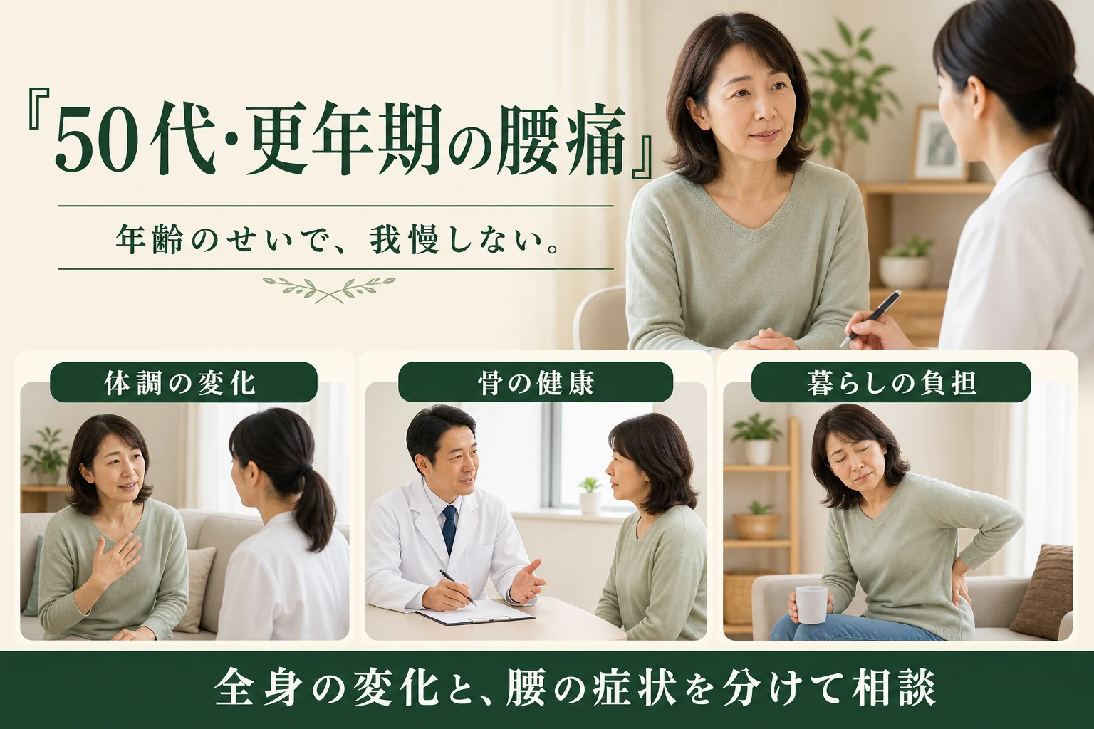 50代・更年期の腰痛。年齢のせいで我慢しない。体調の変化、骨の健康、暮らしの負担を相談。