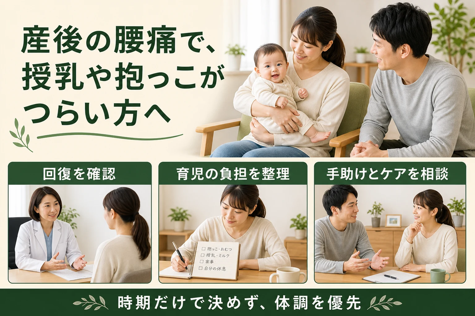 産後の腰痛で授乳や抱っこがつらい方へ。回復を確認、育児の負担を整理、手助けとケアを相談。