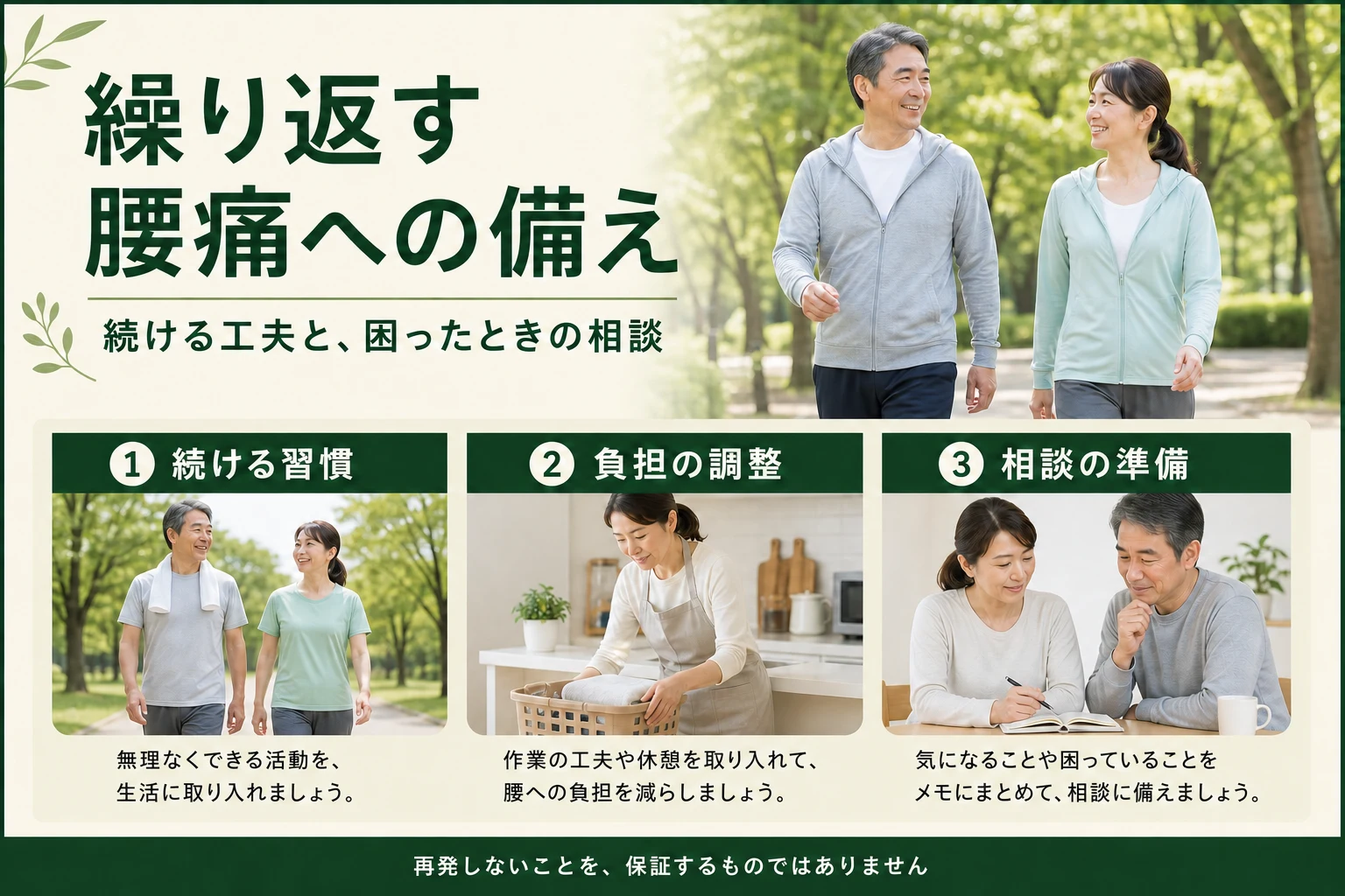 繰り返す腰痛への備え。続ける習慣、負担の調整、再び困ったときの相談。