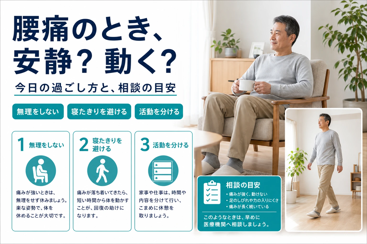 腰痛のとき、安静?動く? 今日の過ごし方と相談の目安。無理をしない・寝たきりを避ける・活動を分ける。