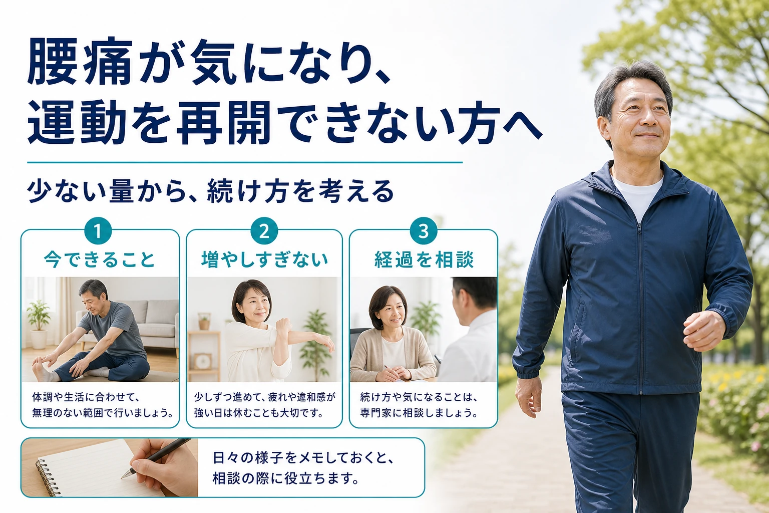 腰痛が気になり、運動を再開できない方へ。少ない量から続け方を考える。今できること・増やしすぎない・経過を相談。