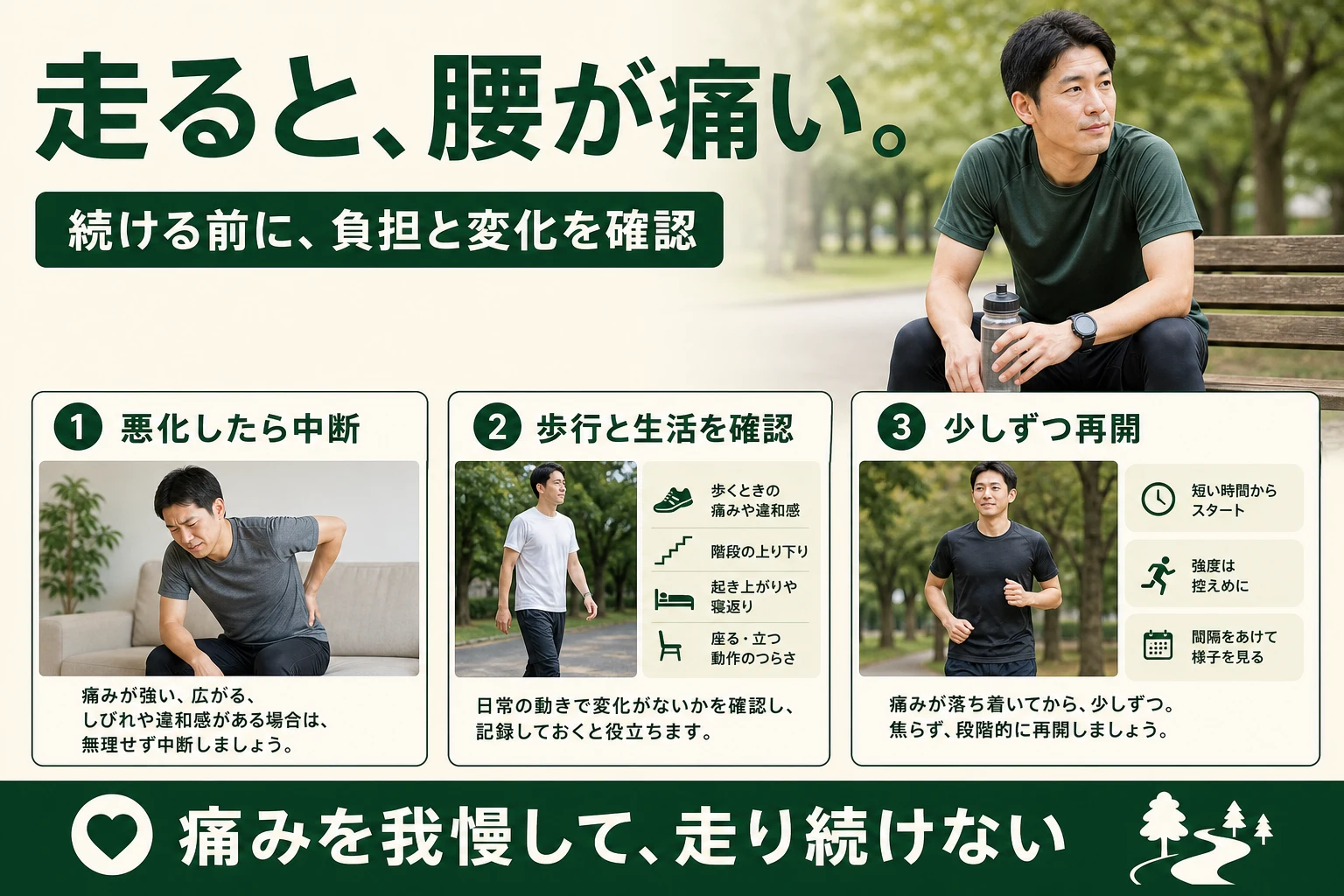 走ると腰が痛い。悪化したら中断、歩行と生活を確認、少しずつ再開。