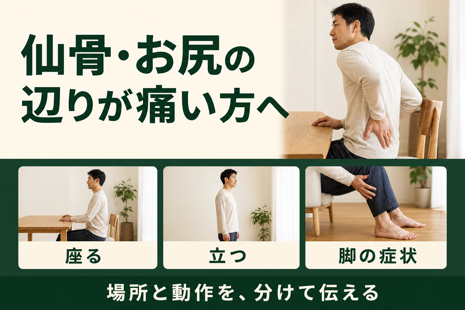 仙骨・お尻の辺りが痛い方へ。場所と動作を分けて伝える。座る、立つ、脚の症状を確認。