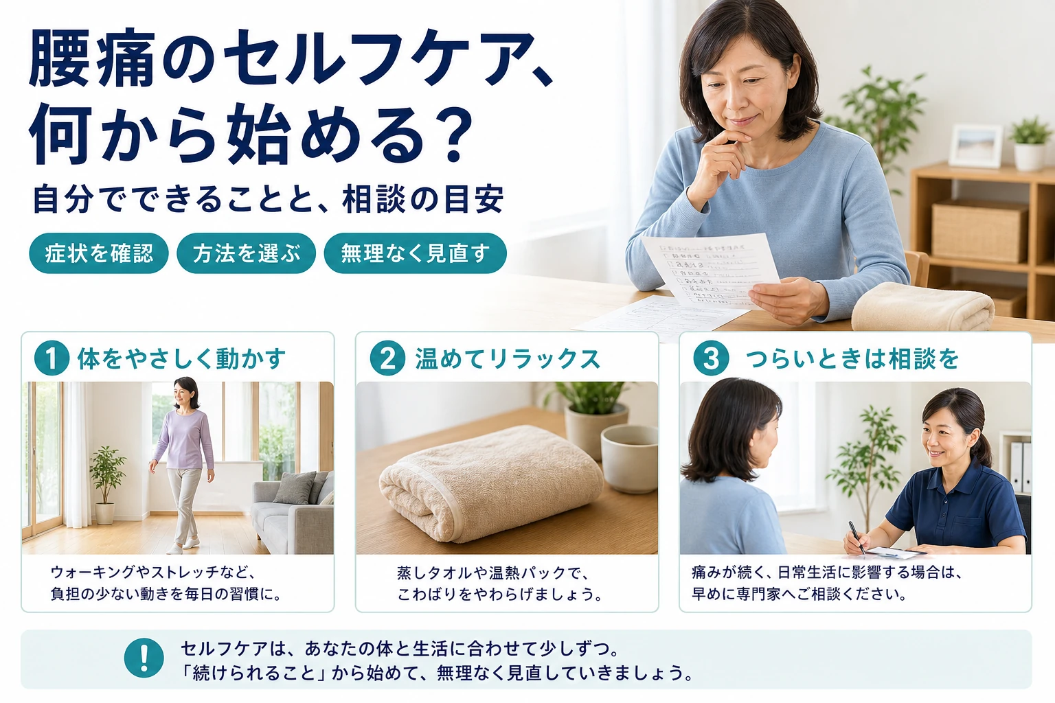 腰痛のセルフケア、何から始める？ 自分でできることと、相談の目安。症状を確認・方法を選ぶ・無理なく見直す。