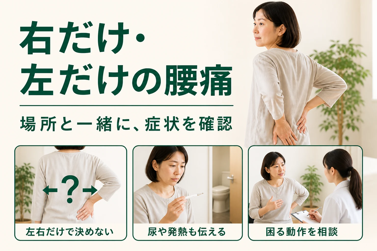 右だけ・左だけの腰痛。場所と一緒に症状を確認。左右だけで決めない、尿や発熱も伝える、困る動作を相談。