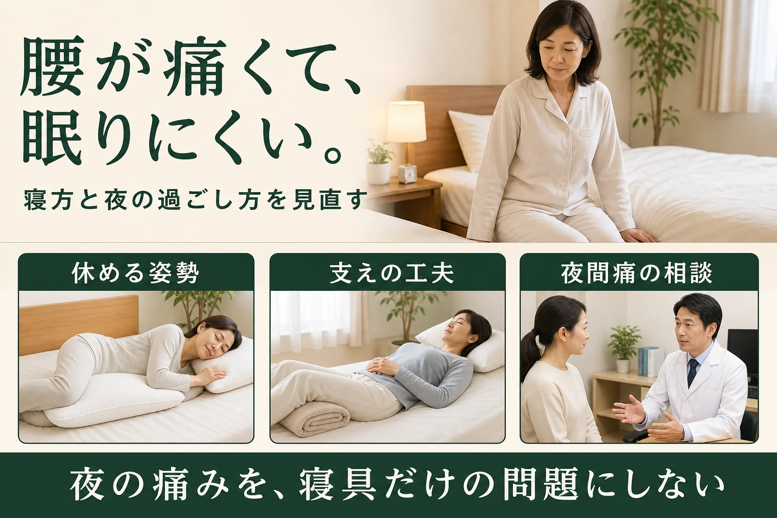 腰が痛くて眠りにくい。休める姿勢、支えの工夫、夜間痛の相談。