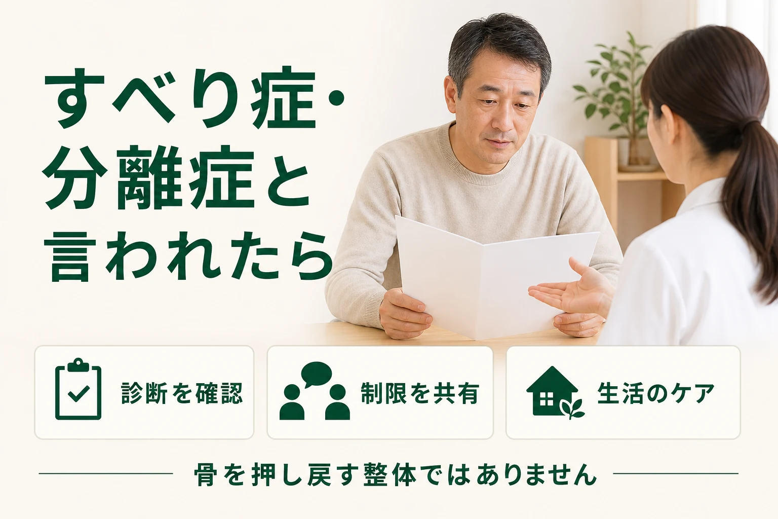 すべり症・分離症と言われたら。診断を確認、制限を共有、生活のケアを相談。骨を押し戻す整体ではありません。