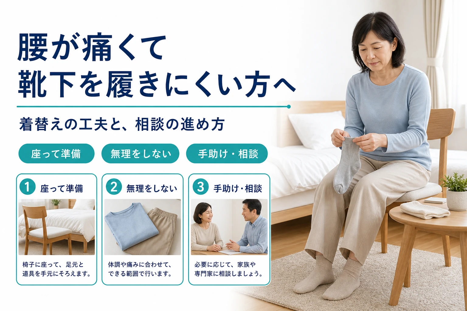 腰が痛くて靴下を履きにくい方へ。着替えの工夫と、相談の進め方。座って準備・無理をしない・手助けと相談。