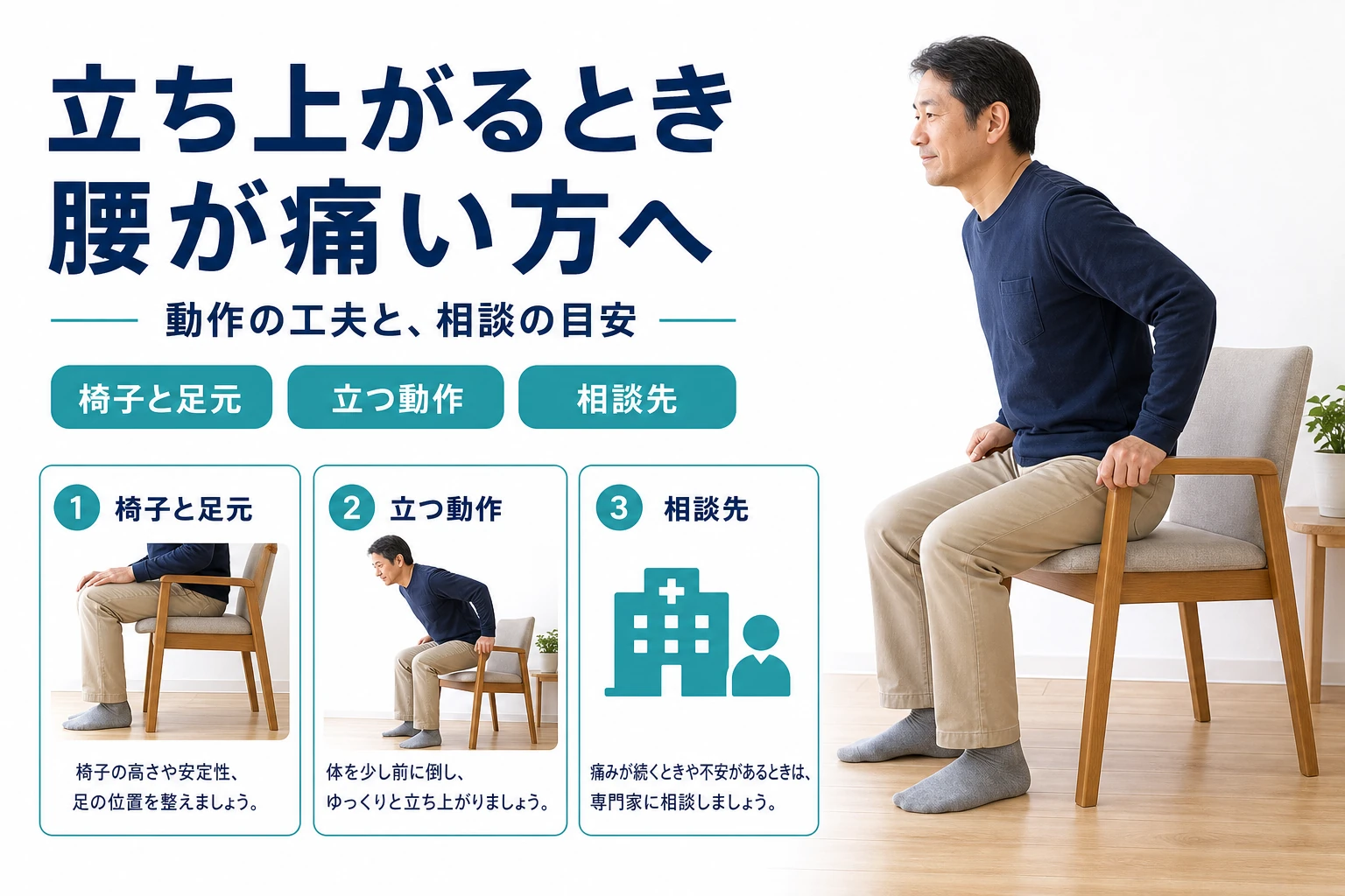 立ち上がるとき腰が痛い方へ。動作の工夫と、相談の目安。椅子と足元・立つ動作・相談先。