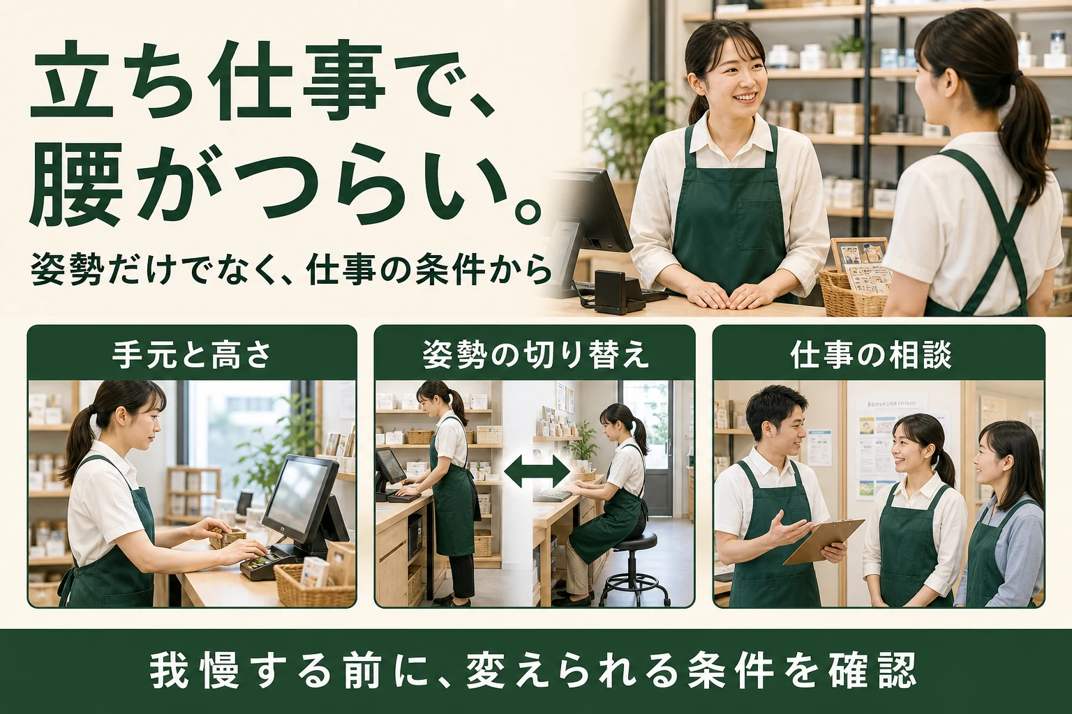 立ち仕事で腰がつらい。手元と高さ、姿勢の切り替え、仕事の相談。