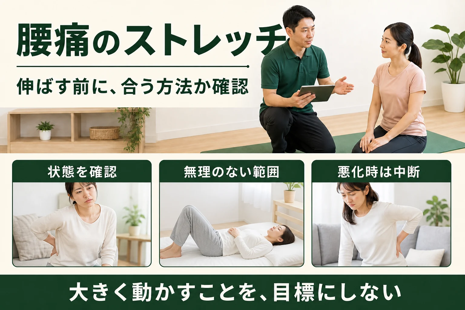 腰痛のストレッチ。状態を確認、無理のない範囲、悪化時は中断。
