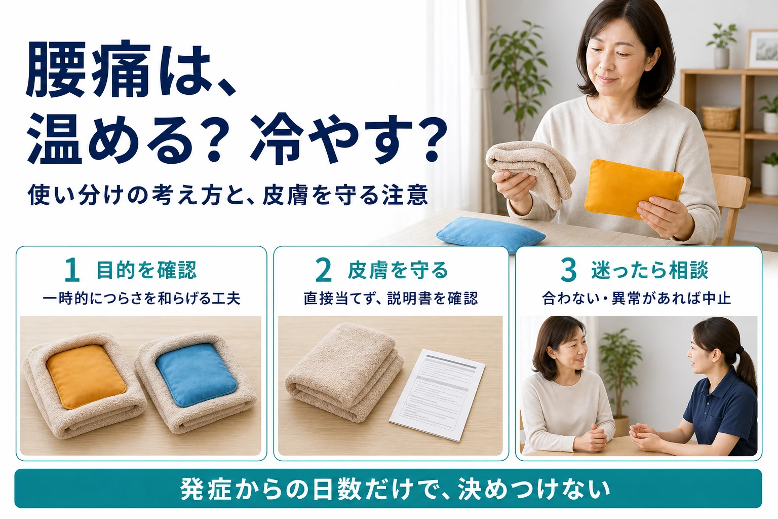 腰痛は、温める?冷やす? 使い分けの考え方と皮膚を守る注意。目的を確認:一時的につらさを和らげる工夫。皮膚を守る:直接当てず説明書を確認。迷ったら相談:合わない・異常があれば中止。発症からの日数だけで決めつけない。