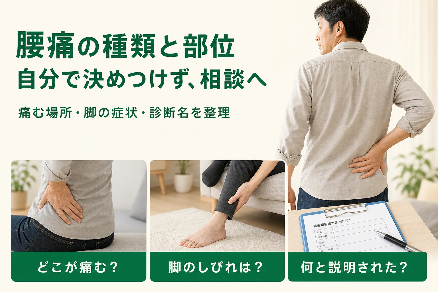 腰痛の種類と部位。自分で決めつけず相談へ。痛む場所、脚の症状、診断名を整理。