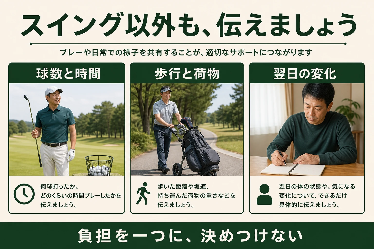 スイング以外も伝える。球数と時間、歩行と荷物、翌日の変化。