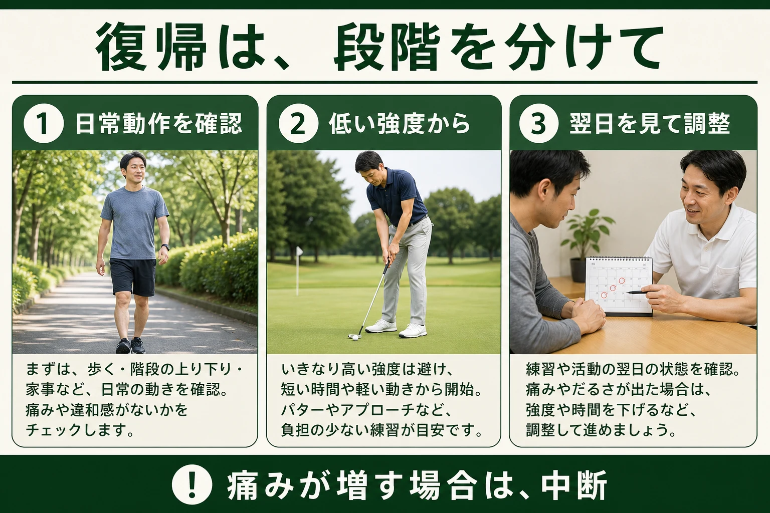 復帰を急がない3段階。日常動作を確認、低い強度から、翌日を見て調整。痛みが増す場合は中断。