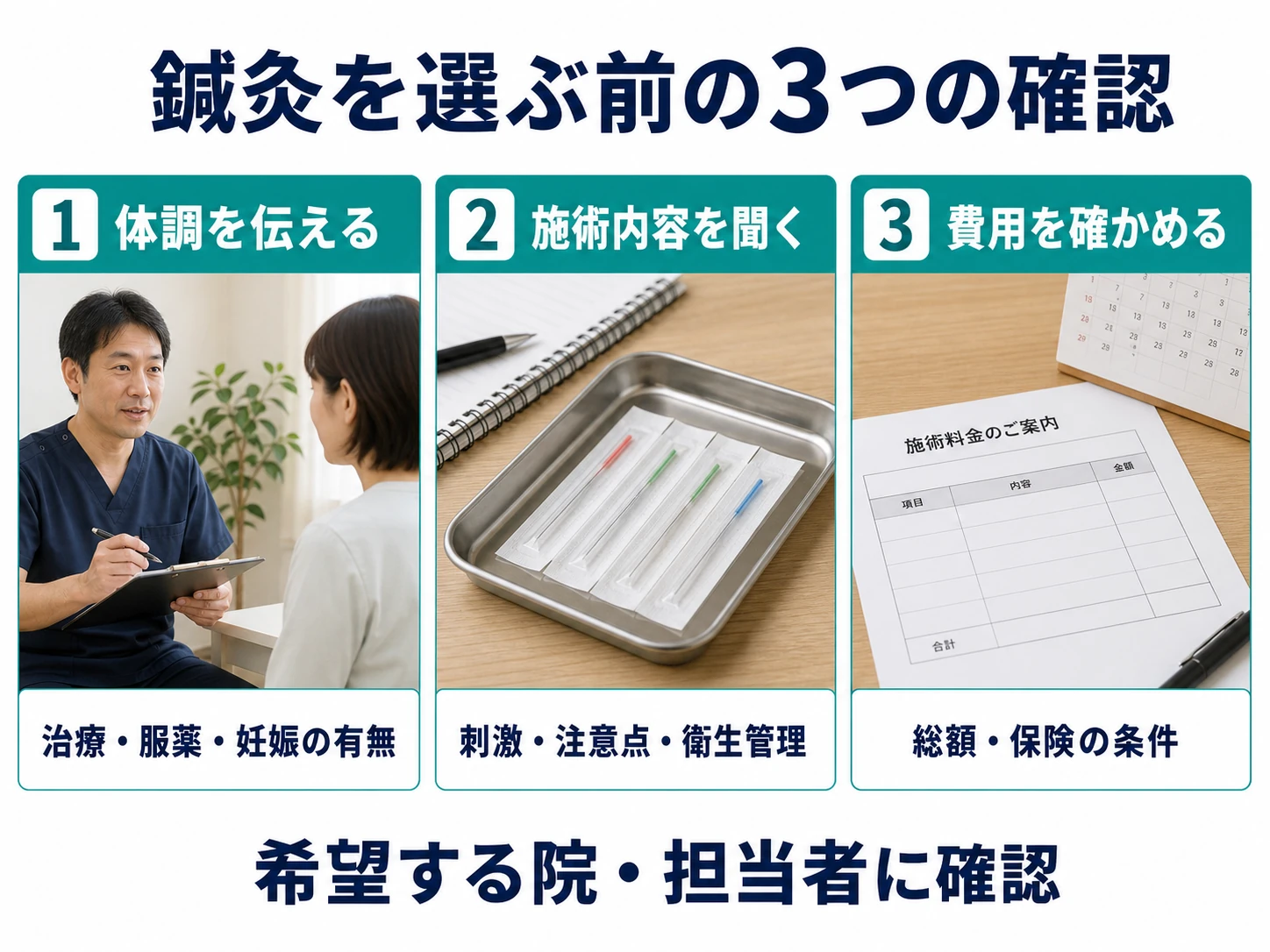 鍼灸を選ぶ前の3つの確認。1 体調を伝える:治療・服薬・妊娠の有無。2 施術内容を聞く:刺激・注意点・衛生管理。3 費用を確かめる:総額・保険の条件。希望する院・担当者に確認。