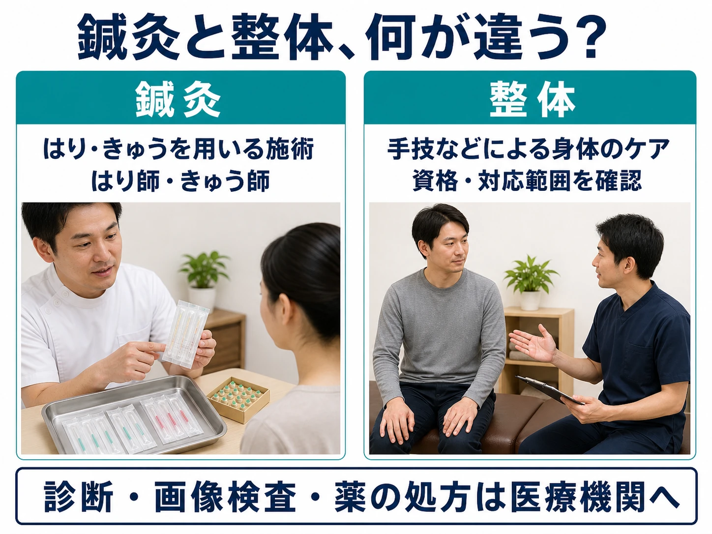 鍼灸と整体、何が違う?鍼灸ははり・きゅうを用いる施術、はり師・きゅう師。整体は手技などによる身体のケア、資格・対応範囲を確認。診断・画像検査・薬の処方は医療機関へ。