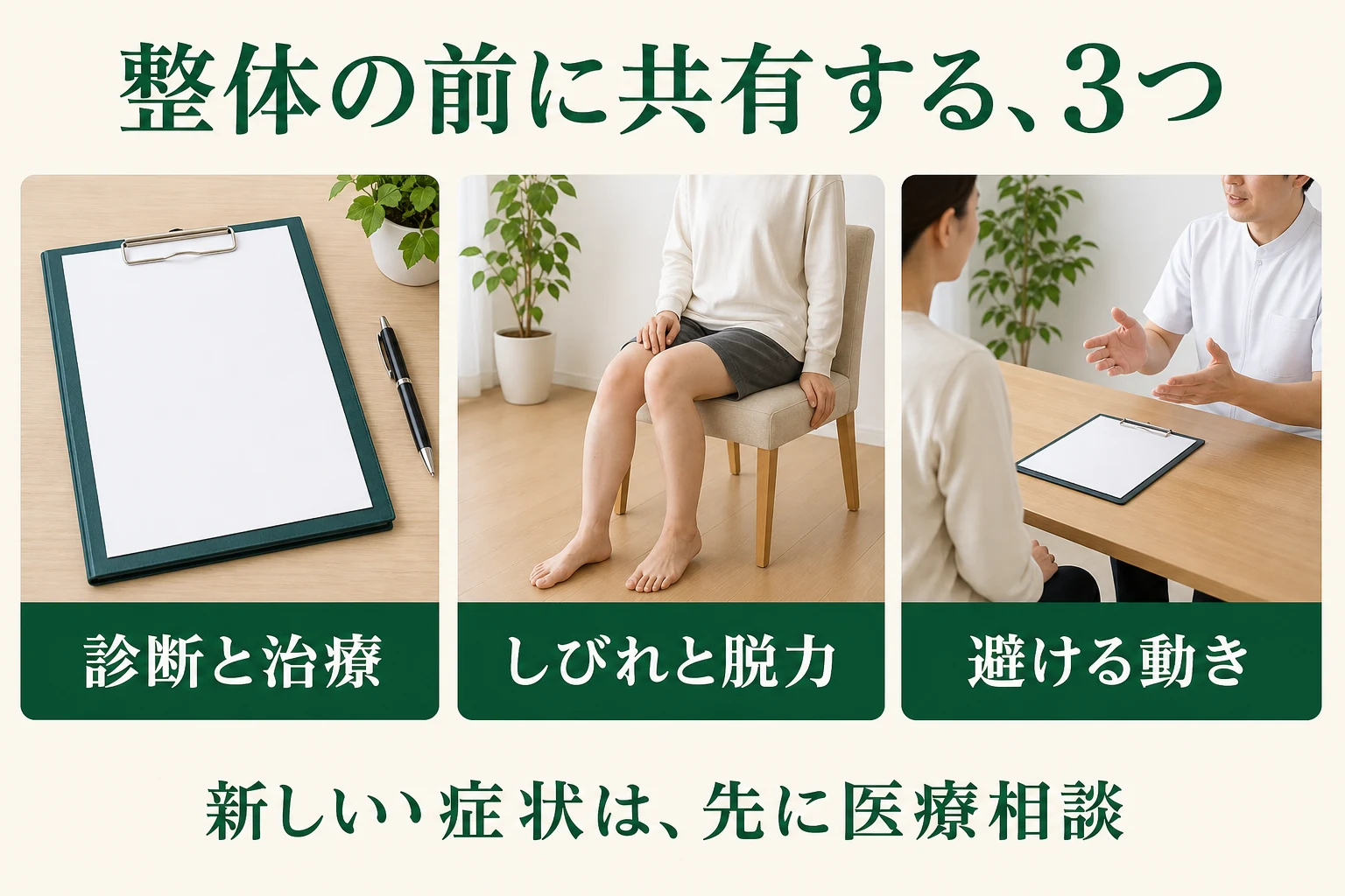 整体の前に共有する3つ。診断と治療、しびれと脱力、避ける動き。新しい症状は先に医療相談。