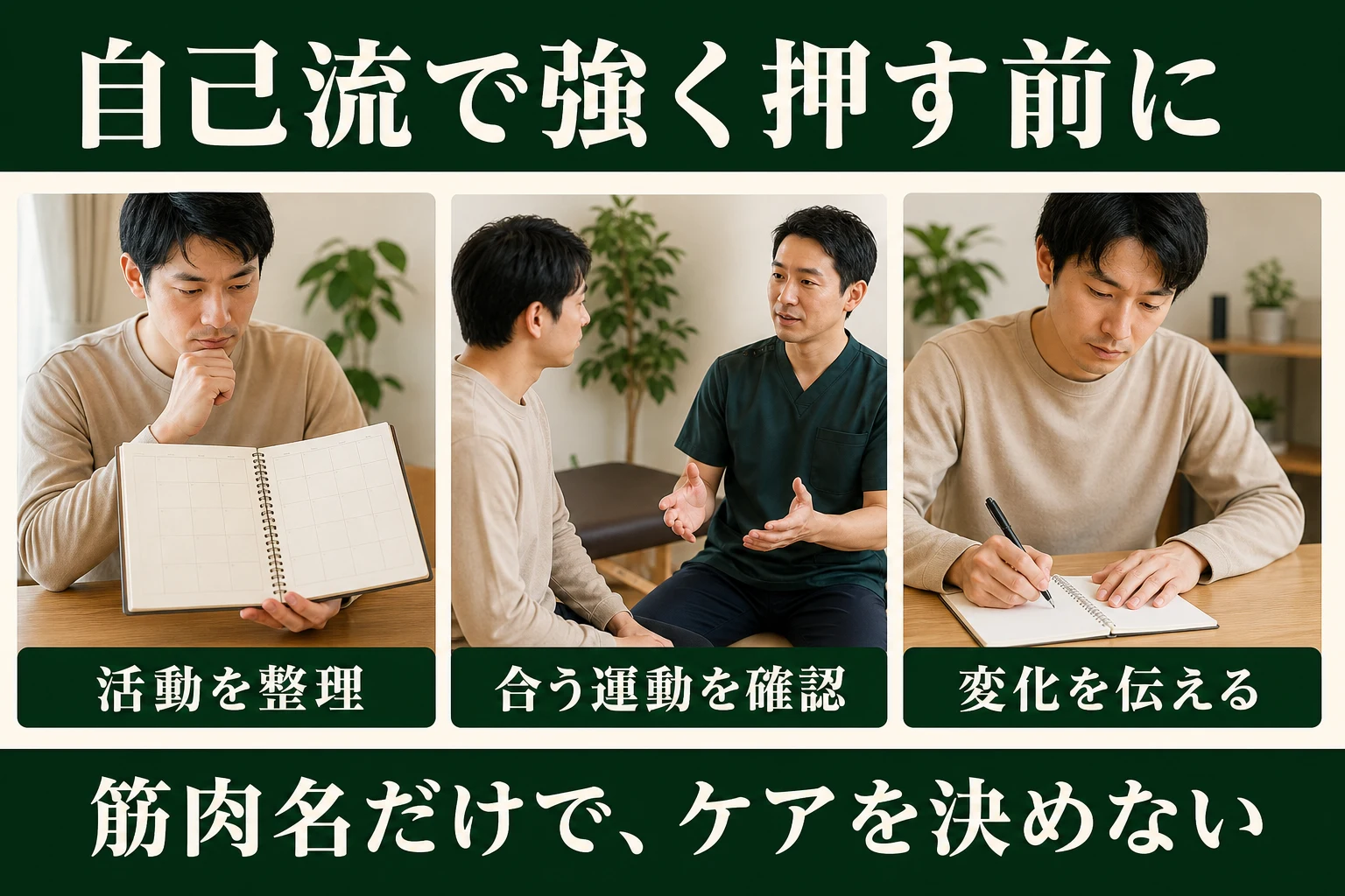 自己流で強く押す前に。負担のかかる活動を整理、自分に合う運動を確認、変化を伝えて見直す。