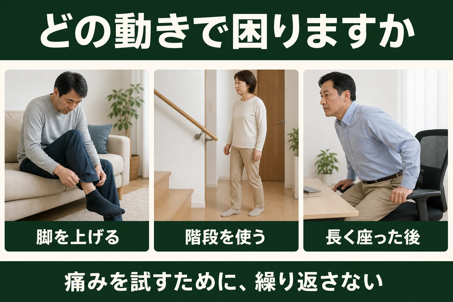 どの動きで困りますか。脚を上げる、階段を使う、長く座った後。痛みを試すために繰り返さない。