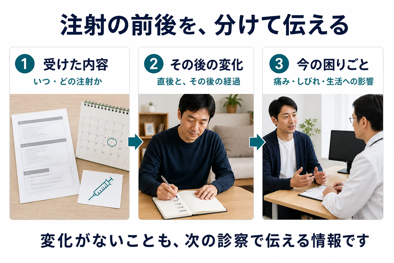 注射の前後を分けて伝える。1 受けた内容:いつ・どの注射か。2 その後の変化:直後とその後の経過。3 今の困りごと:痛み・しびれ・生活への影響。変化がないことも次の診察で伝える情報です。