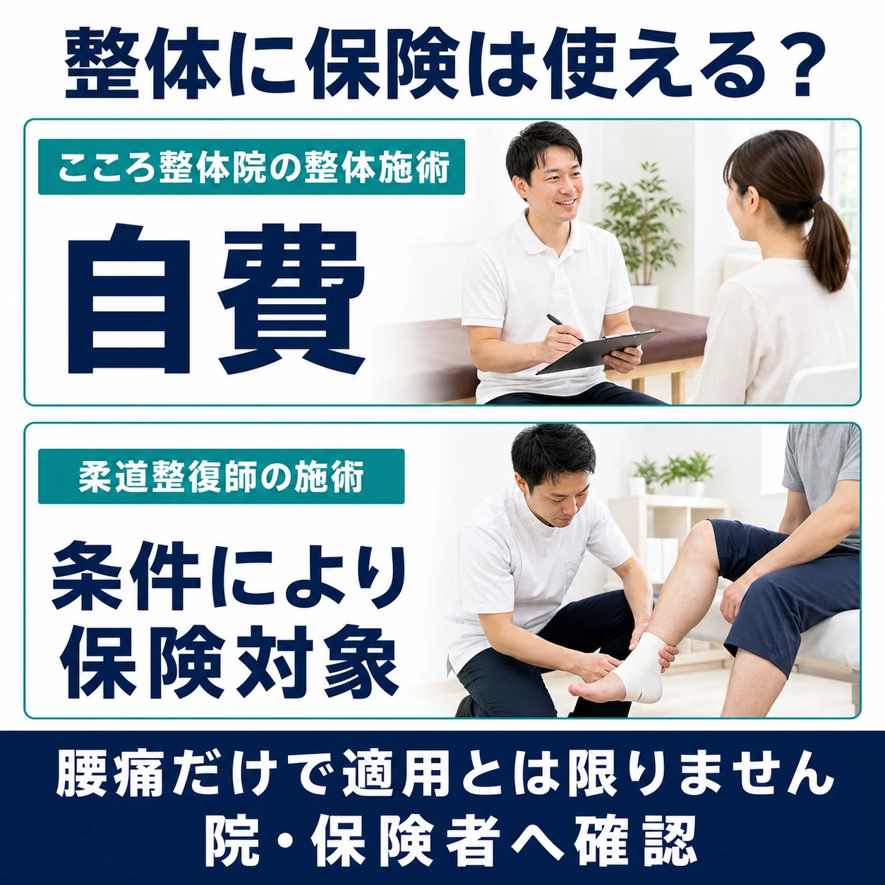整体に保険は使える？ こころ整体院の整体施術は自費。柔道整復師の施術は条件により保険対象。腰痛だけで適用とは限りません。院・保険者へ確認。