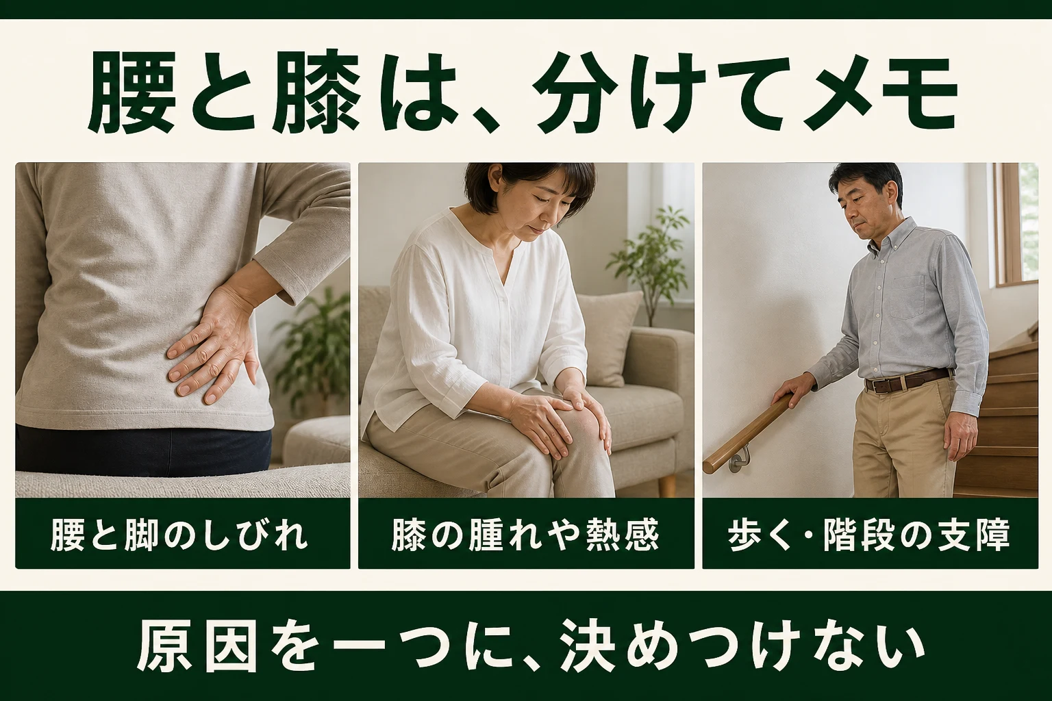 腰と膝は分けてメモ。腰と脚のしびれ、膝の腫れや熱感、歩く・階段の支障。原因を一つに決めつけない。