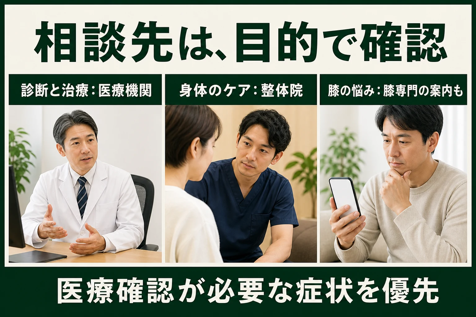 相談先は目的で確認。診断と治療は医療機関、身体のケアは整体院、膝が主な悩みは膝専門の案内も。医療確認が必要な症状を優先。