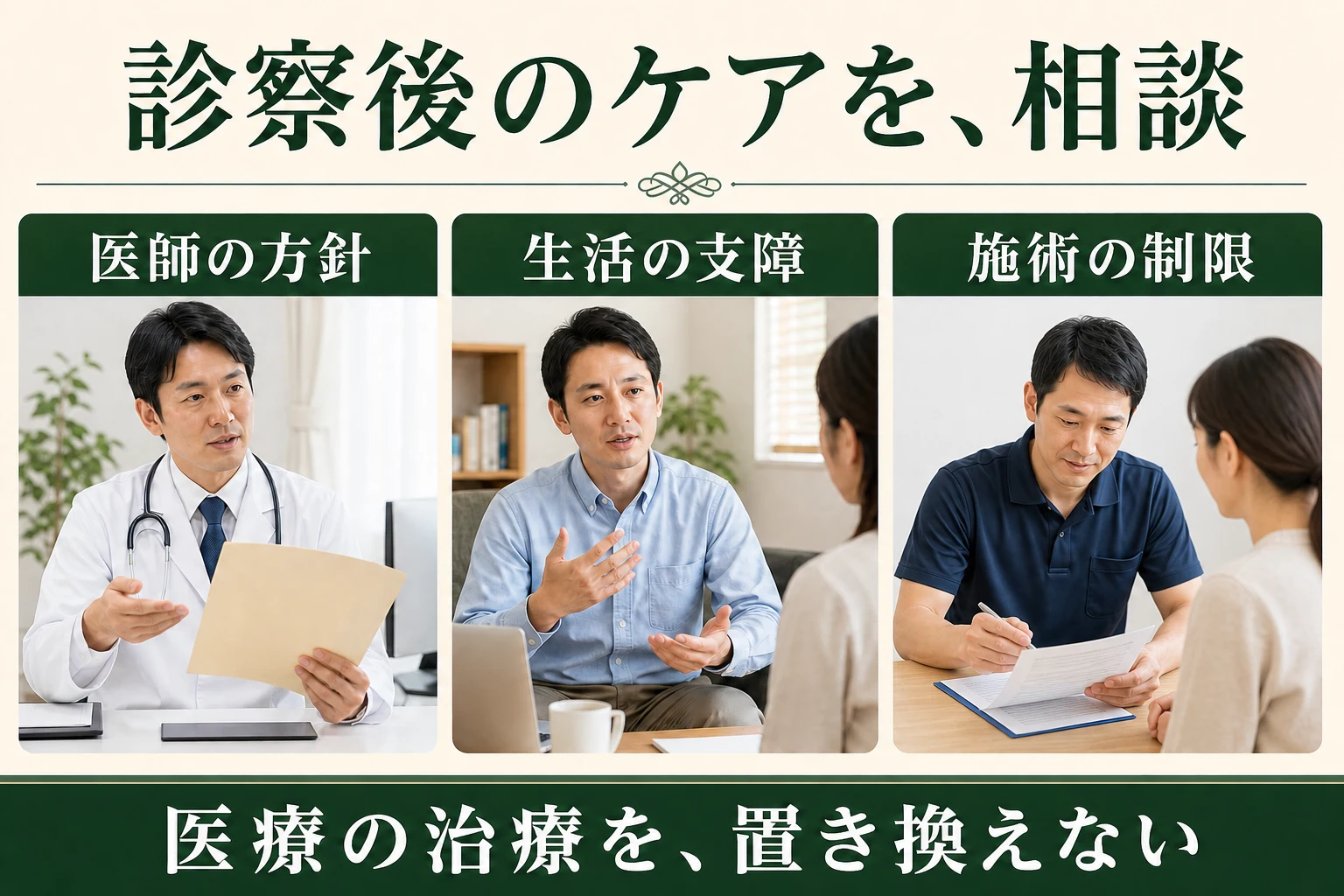 診察後のケアを相談。医師の方針、生活の支障、施術の制限。