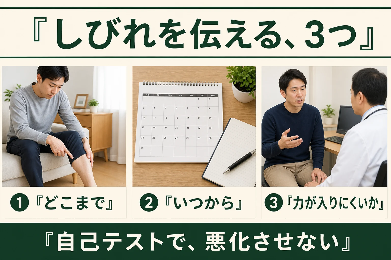 しびれを伝える3つ。どこまで、いつから、力が入りにくいか。自己テストで悪化させない。