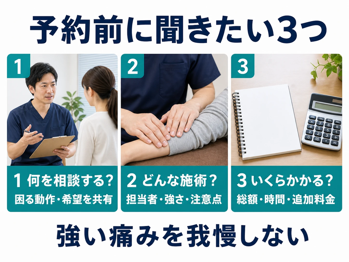 予約前に聞きたい3つ。1 何を相談する？困る動作・希望を共有。2 どんな施術？担当者・強さ・注意点。3 いくらかかる？総額・時間・追加料金。強い痛みを我慢しない。