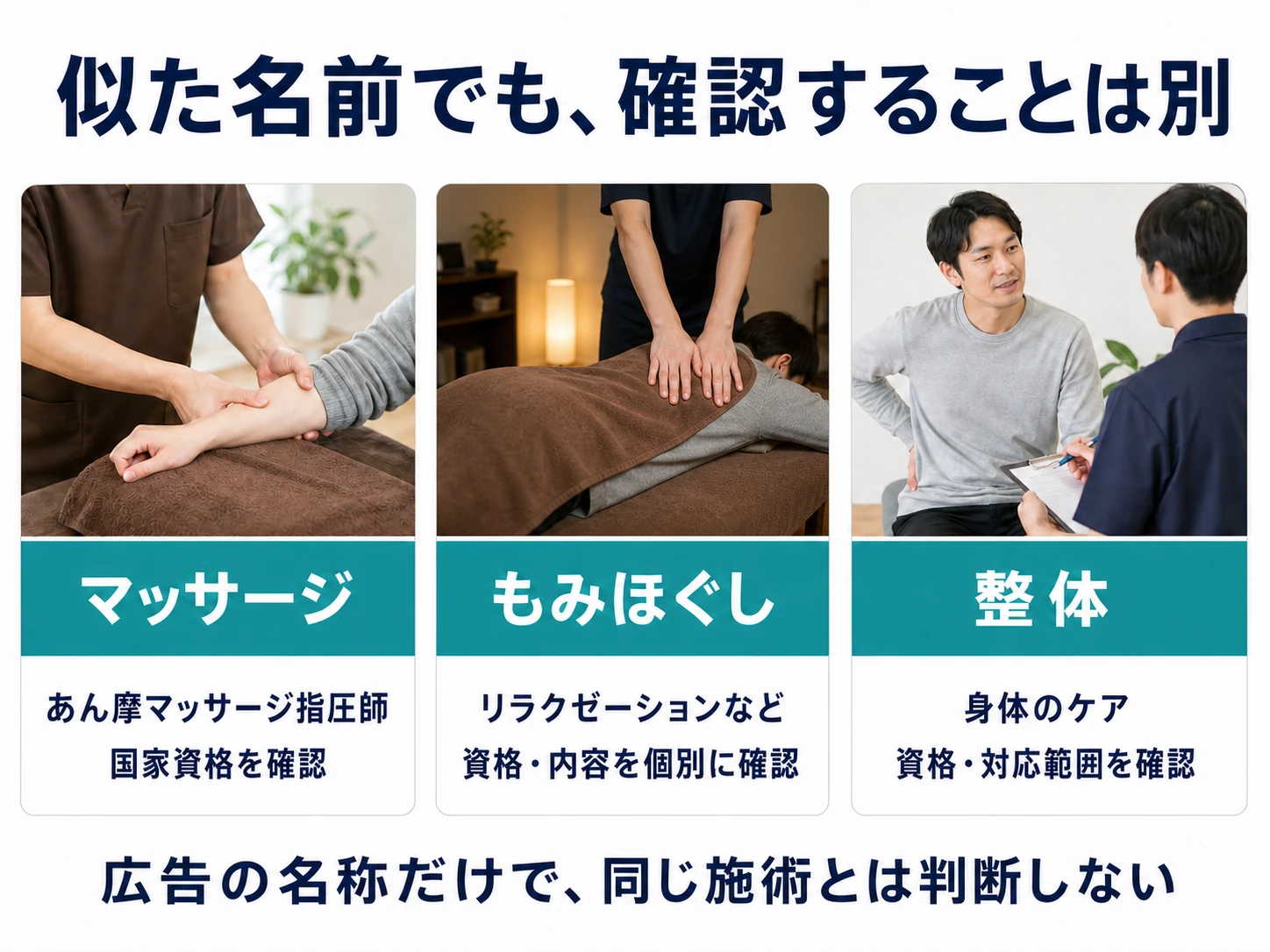 似た名前でも確認することは別。マッサージ：あん摩マッサージ指圧師の国家資格を確認。もみほぐし：リラクゼーションなど、資格・内容を個別に確認。整体：身体のケア、資格・対応範囲を確認。広告の名称だけで同じ施術とは判断しない。