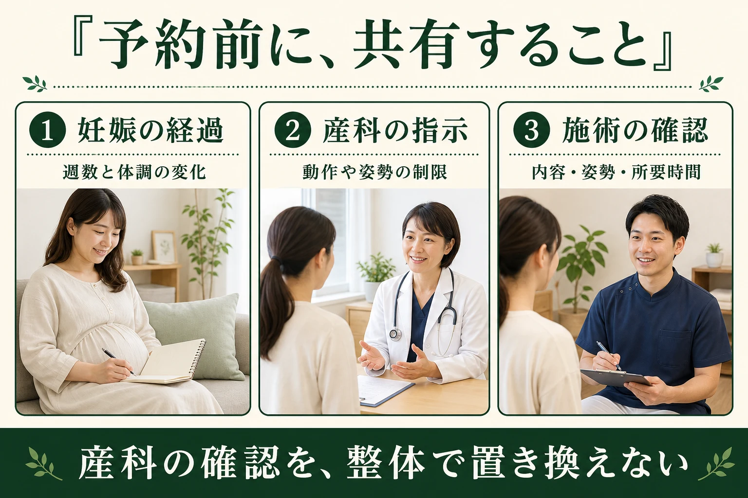 予約前に共有すること。妊娠の経過、産科の指示、姿勢と施術の確認。