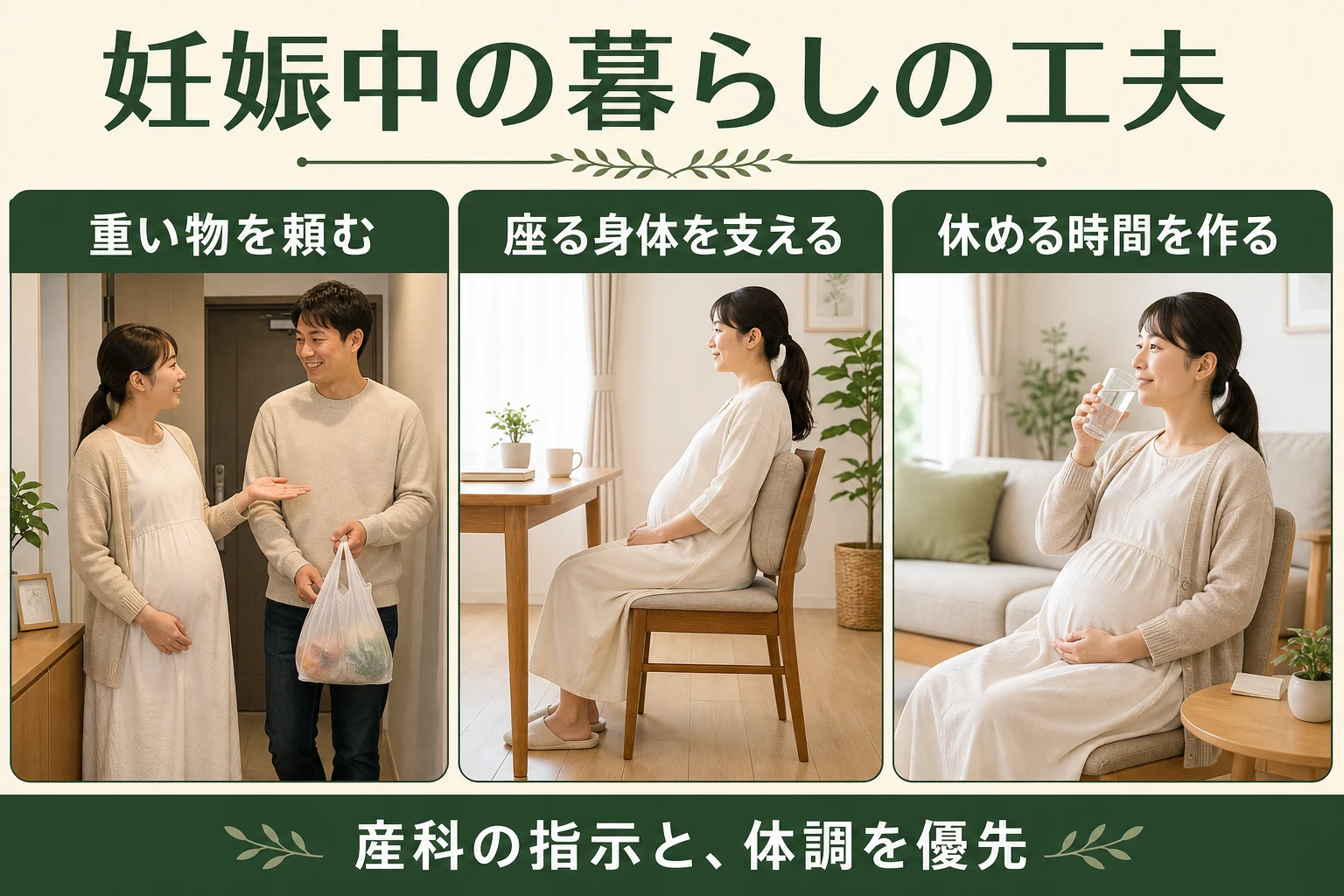 妊娠中の暮らしの工夫。重い物を頼む、座る身体を支える、休める時間を作る。