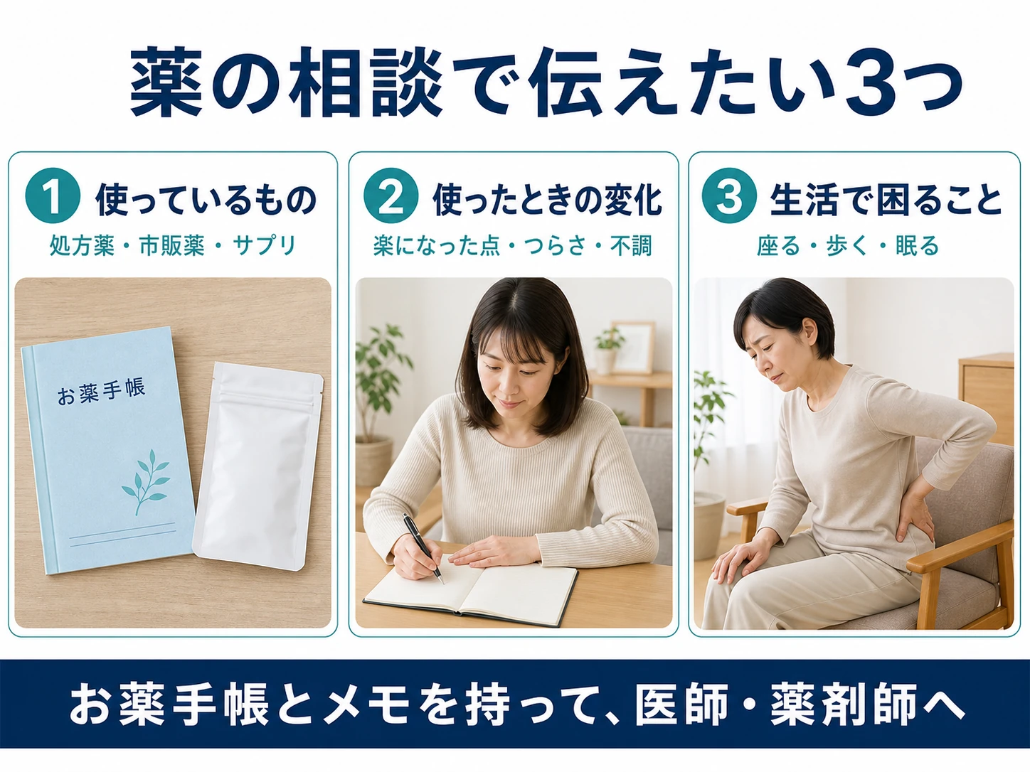 薬の相談で伝えたい3つ。1 使っているもの：処方薬・市販薬・サプリ。2 使ったときの変化：楽になった点・つらさ・不調。3 生活で困ること：座る・歩く・眠る。お薬手帳とメモを持って医師・薬剤師へ。
