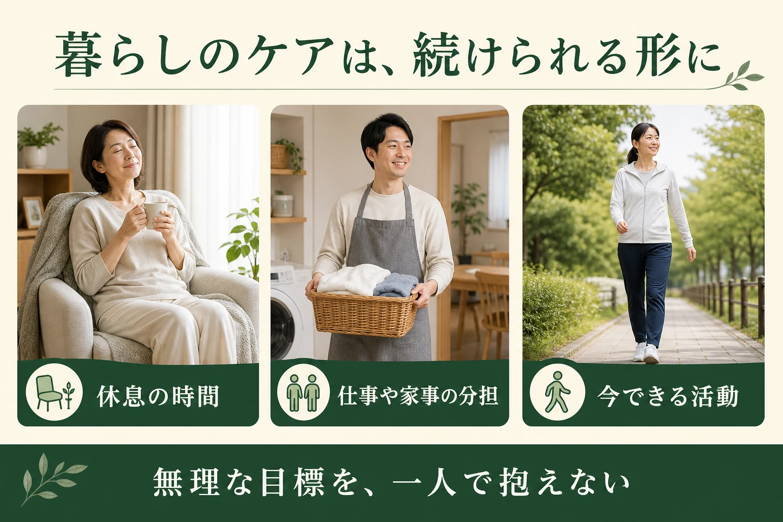 暮らしのケアは続けられる形に。休息の時間、仕事や家事の分担、今できる活動。無理な目標を一人で抱えない。