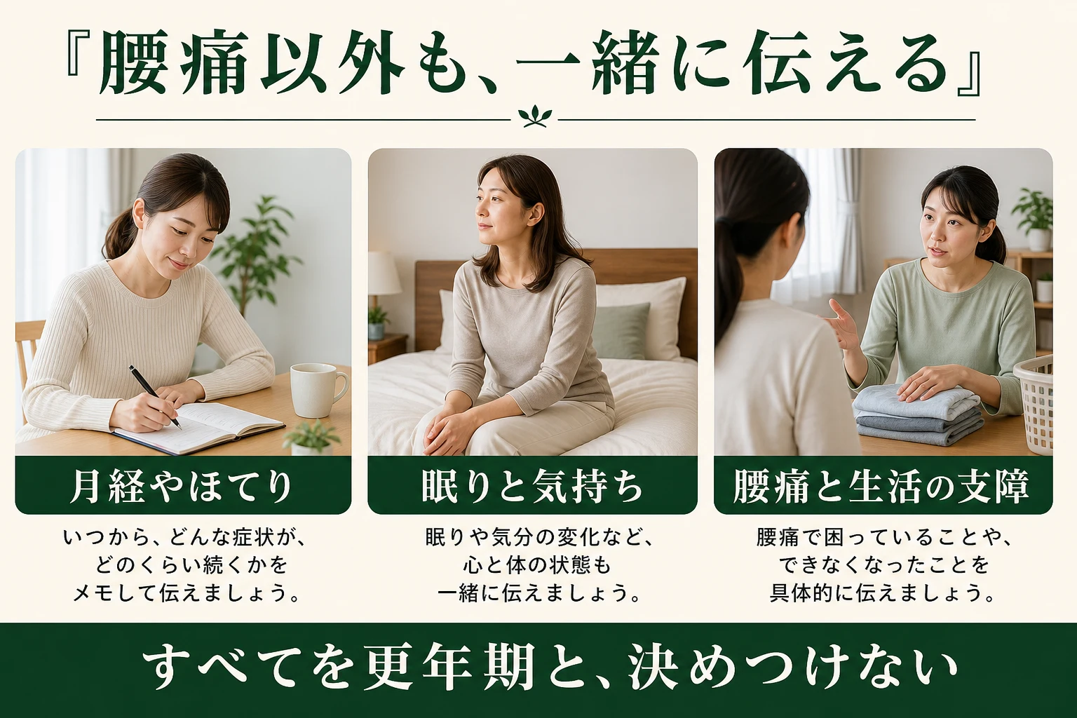 腰痛以外も一緒に伝える。月経やほてり、眠りと気持ち、腰痛と生活の支障。すべてを更年期と決めつけない。