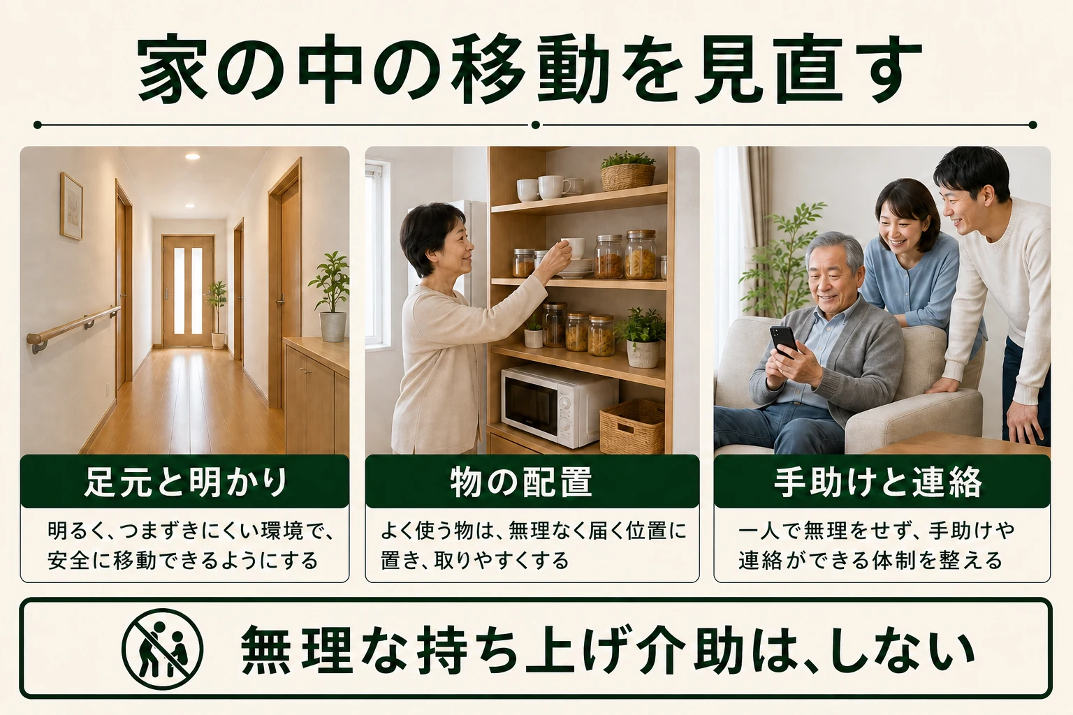 家の中の移動を見直す。足元と明かり、物の配置、手助けと連絡。無理な持ち上げ介助はしない。