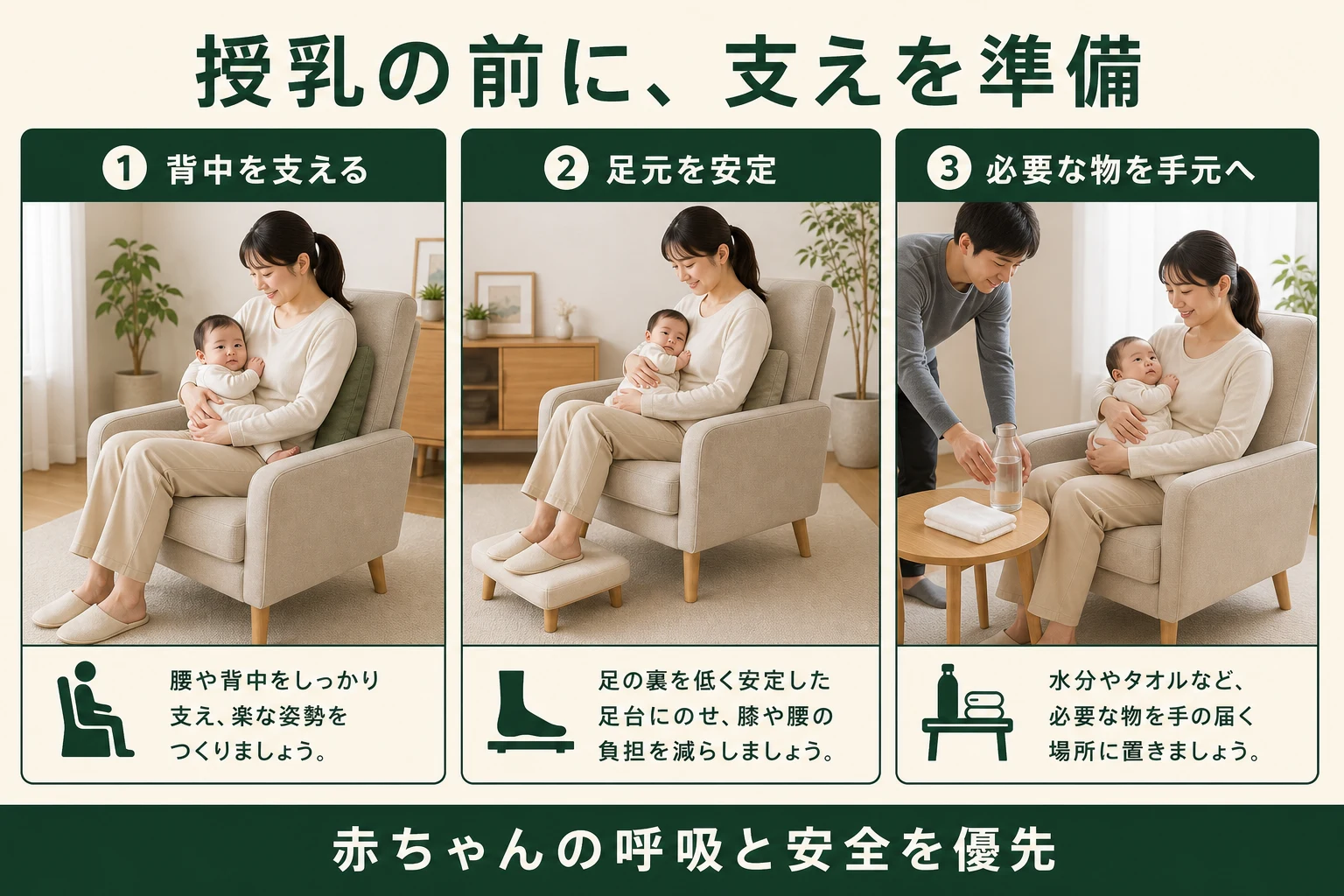 授乳の前に支えを準備。背中を支える、足元を安定、必要な物を手元へ。赤ちゃんの呼吸と安全を優先。
