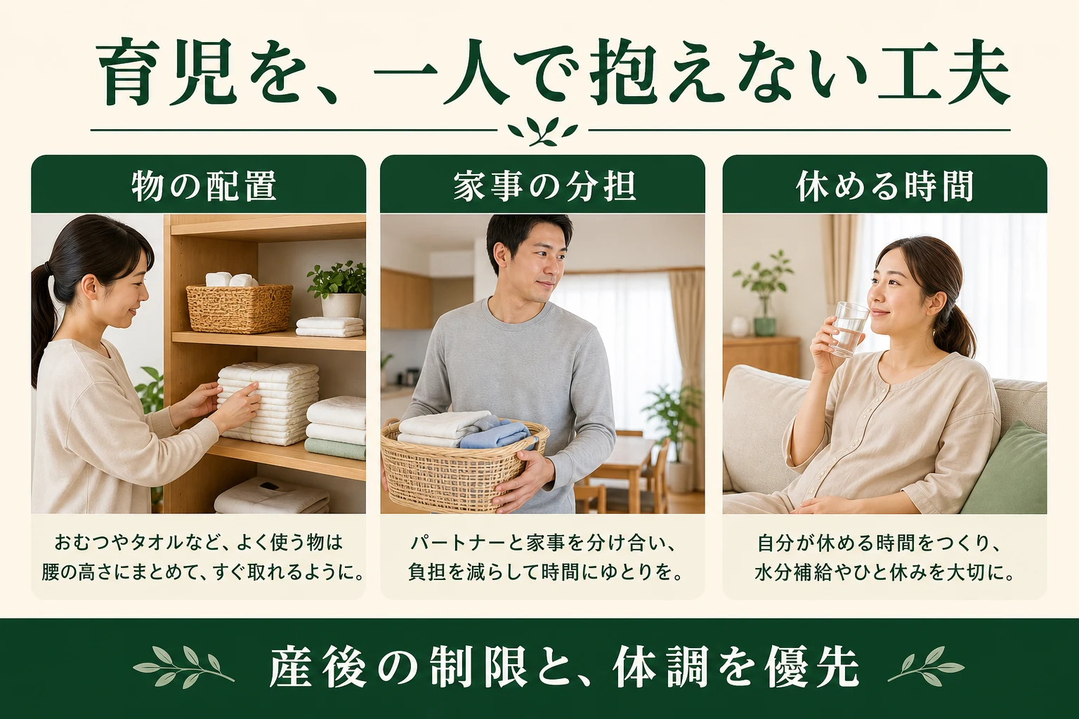 育児を一人で抱えない工夫。物の配置、家事の分担、休める時間。産後の制限と体調を優先。