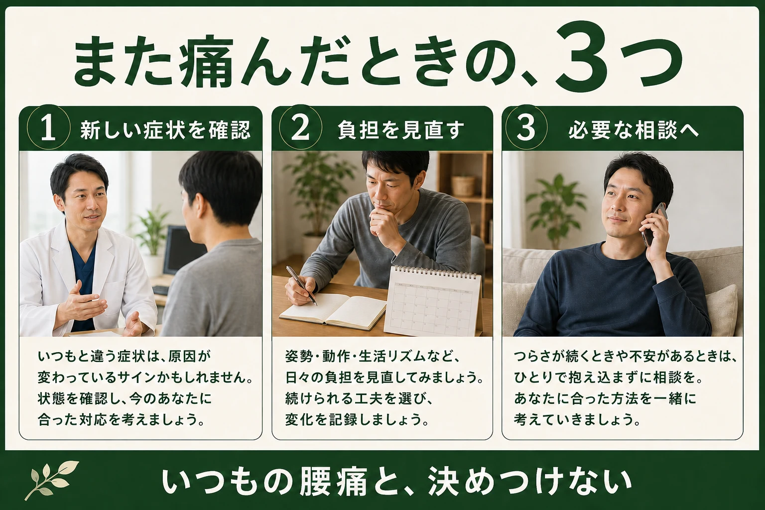 また痛んだときの3つ。新しい症状を確認、負担を見直す、必要な相談へ。いつもの腰痛と決めつけない。