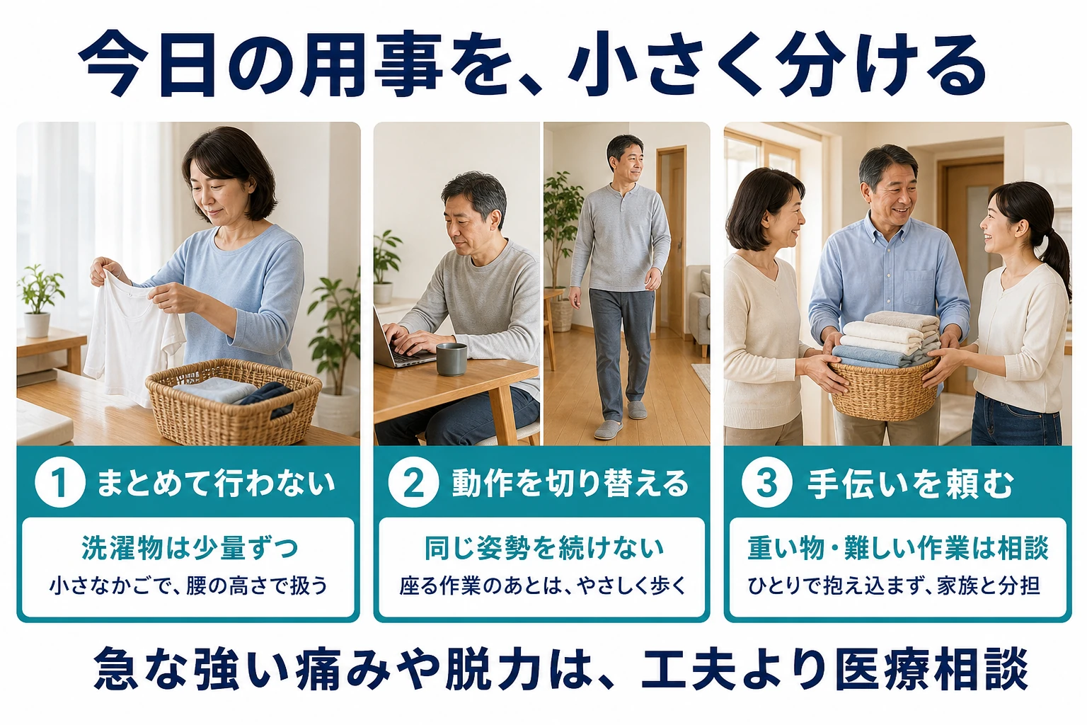 今日の用事を小さく分ける。まとめて行わない:洗濯物は少量ずつ。動作を切り替える:同じ姿勢を続けない。手伝いを頼む:重い物・難しい作業は相談。急な強い痛みや脱力は工夫より医療相談。