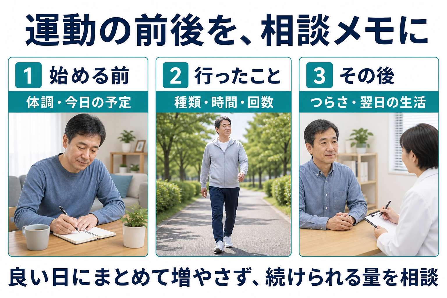 運動の前後を相談メモに。始める前:体調・今日の予定。行ったこと:種類・時間・回数。その後:つらさ・翌日の生活。良い日にまとめて増やさず、続けられる量を相談。