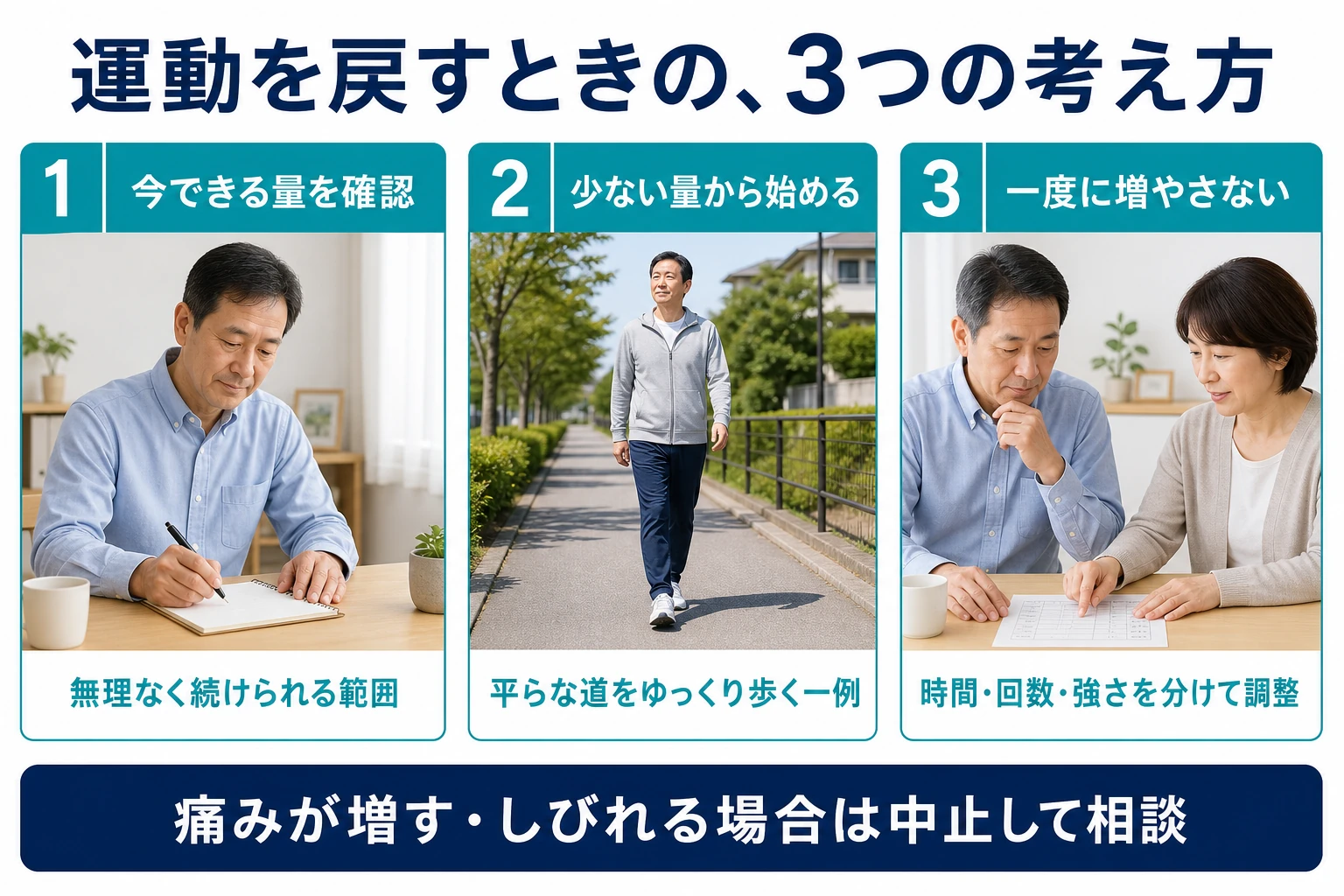 運動を戻すときの3つの考え方。1 今できる量を確認:無理なく続けられる範囲。2 少ない量から始める:平らな道をゆっくり歩く一例。3 一度に増やさない:時間・回数・強さを分けて調整。痛みが増す・しびれる場合は中止して相談。