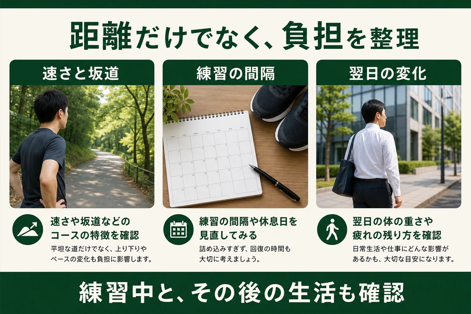 距離だけでなく負担を整理。速さと坂道、練習の間隔、翌日の変化。