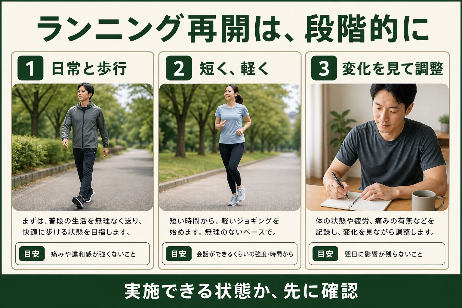 再開は段階的に。日常と歩行、短い軽い運動、変化を見て調整。痛みを我慢して走らない。