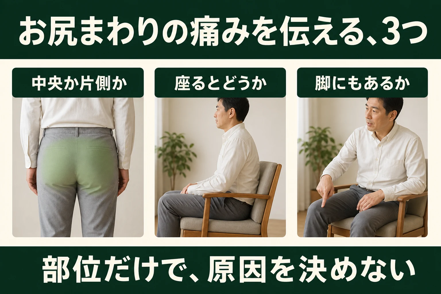 お尻まわりの痛みを伝える3つ。中央か片側か、座るとどうか、脚にもあるか。部位だけで原因を決めない。